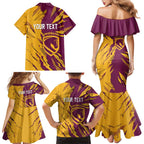 Personalized Brisbane Broncos Family Matching Mermaid Dress and Hawaiian Shirt Dynamic Lightning Mascot Rugby Australia