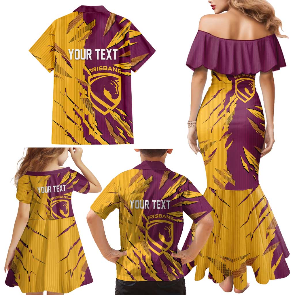 Personalized Brisbane Broncos Family Matching Mermaid Dress and Hawaiian Shirt Dynamic Lightning Mascot Rugby Australia