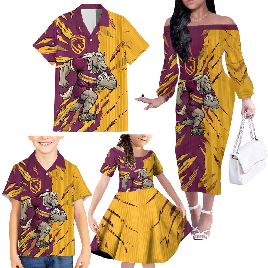 Personalized Brisbane Broncos Family Matching Off The Shoulder Long Sleeve Dress and Hawaiian Shirt Dynamic Lightning Mascot Rugby Australia