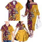 Personalized Brisbane Broncos Family Matching Off The Shoulder Long Sleeve Dress and Hawaiian Shirt Dynamic Lightning Mascot Rugby Australia