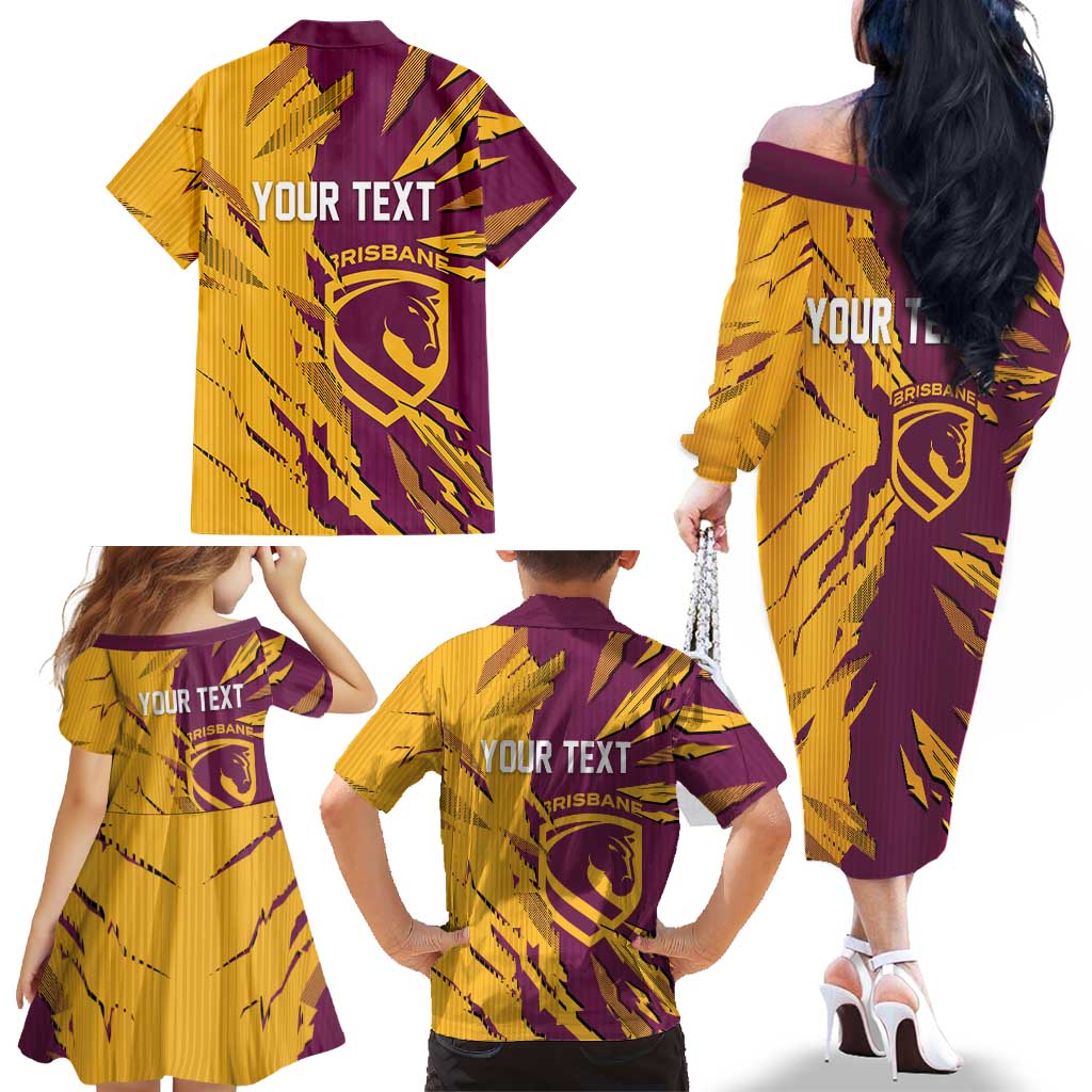 Personalized Brisbane Broncos Family Matching Off The Shoulder Long Sleeve Dress and Hawaiian Shirt Dynamic Lightning Mascot Rugby Australia