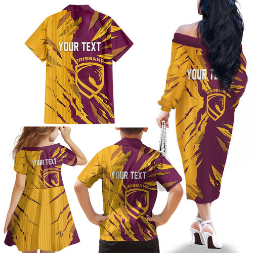 Personalized Brisbane Broncos Family Matching Off The Shoulder Long Sleeve Dress and Hawaiian Shirt Dynamic Lightning Mascot Rugby Australia