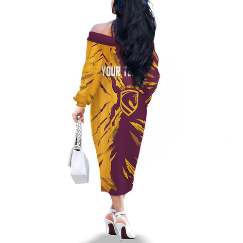 Personalized Brisbane Broncos Family Matching Off The Shoulder Long Sleeve Dress and Hawaiian Shirt Dynamic Lightning Mascot Rugby Australia