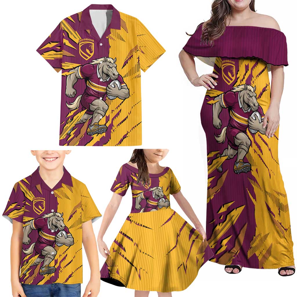 Personalized Brisbane Broncos Family Matching Off Shoulder Maxi Dress and Hawaiian Shirt Dynamic Lightning Mascot Rugby Australia
