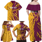 Personalized Brisbane Broncos Family Matching Off Shoulder Maxi Dress and Hawaiian Shirt Dynamic Lightning Mascot Rugby Australia