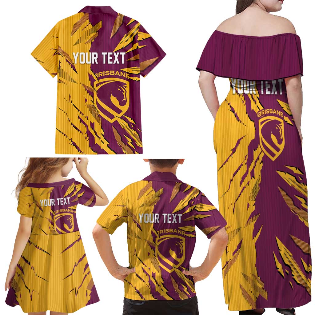 Personalized Brisbane Broncos Family Matching Off Shoulder Maxi Dress and Hawaiian Shirt Dynamic Lightning Mascot Rugby Australia
