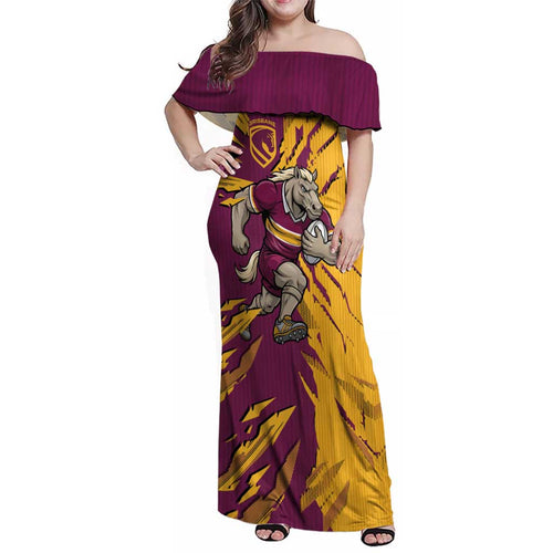 Personalized Brisbane Broncos Family Matching Off Shoulder Maxi Dress and Hawaiian Shirt Dynamic Lightning Mascot Rugby Australia