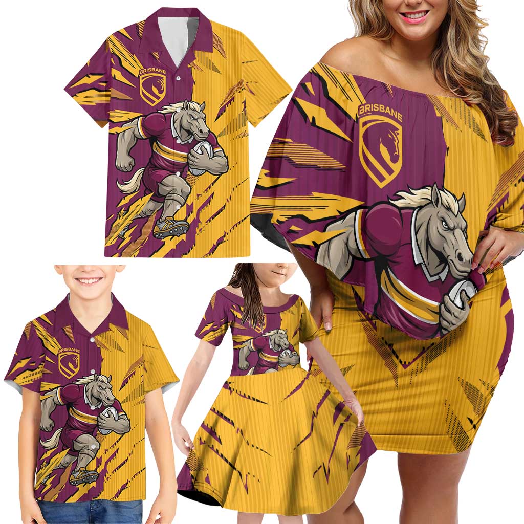 Personalized Brisbane Broncos Family Matching Off Shoulder Short Dress and Hawaiian Shirt Dynamic Lightning Mascot Rugby Australia