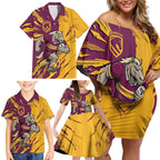 Personalized Brisbane Broncos Family Matching Off Shoulder Short Dress and Hawaiian Shirt Dynamic Lightning Mascot Rugby Australia