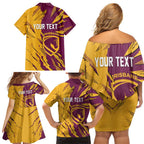 Personalized Brisbane Broncos Family Matching Off Shoulder Short Dress and Hawaiian Shirt Dynamic Lightning Mascot Rugby Australia