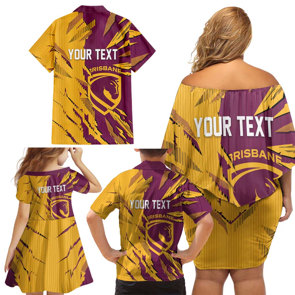 Personalized Brisbane Broncos Family Matching Off Shoulder Short Dress and Hawaiian Shirt Dynamic Lightning Mascot Rugby Australia