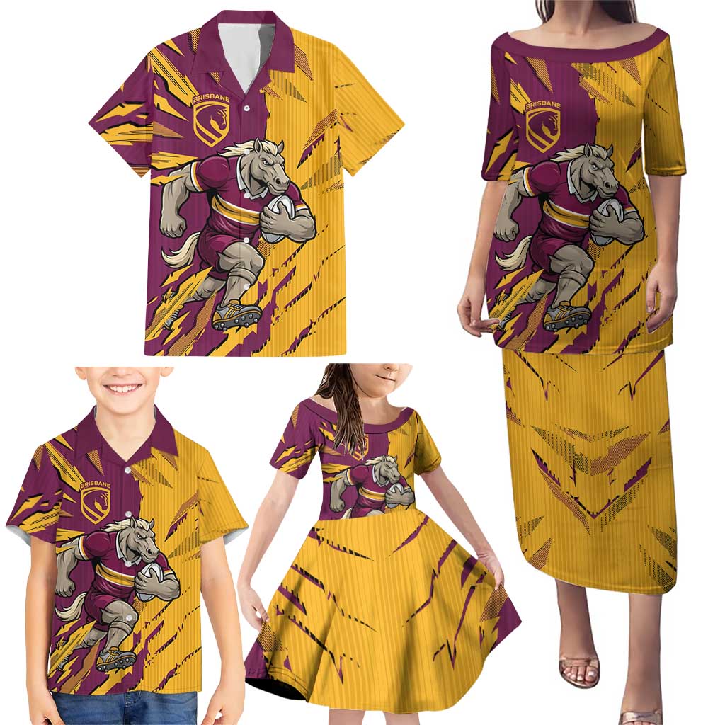 Personalized Brisbane Broncos Family Matching Puletasi and Hawaiian Shirt Dynamic Lightning Mascot Rugby Australia