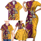 Personalized Brisbane Broncos Family Matching Short Sleeve Bodycon Dress and Hawaiian Shirt Dynamic Lightning Mascot Rugby Australia