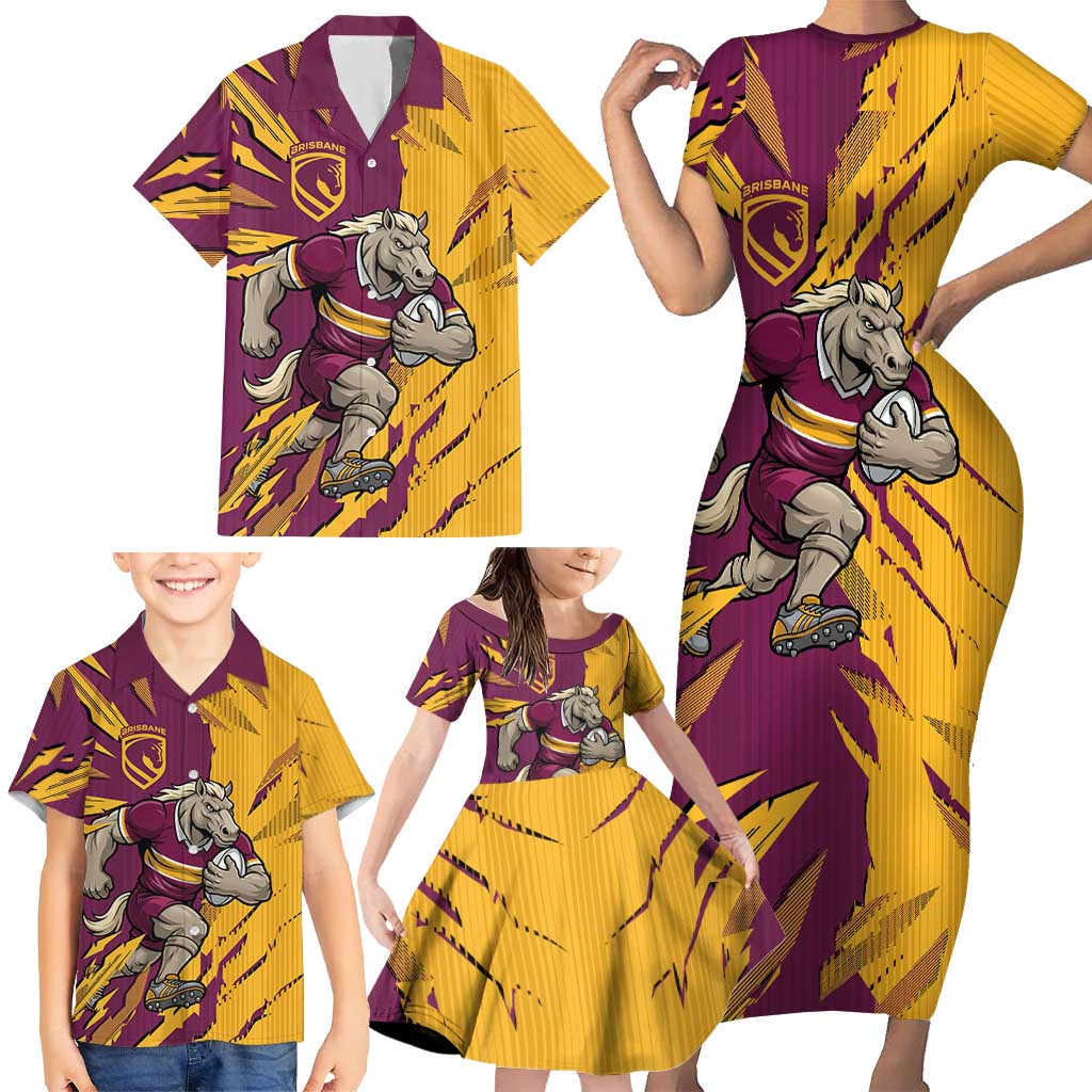 Personalized Brisbane Broncos Family Matching Short Sleeve Bodycon Dress and Hawaiian Shirt Dynamic Lightning Mascot Rugby Australia