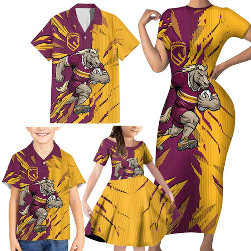 Personalized Brisbane Broncos Family Matching Short Sleeve Bodycon Dress and Hawaiian Shirt Dynamic Lightning Mascot Rugby Australia