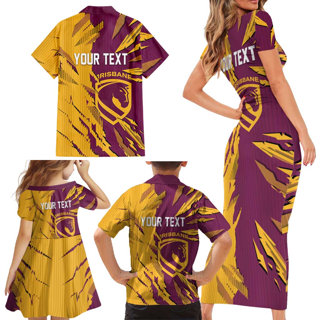 Personalized Brisbane Broncos Family Matching Short Sleeve Bodycon Dress and Hawaiian Shirt Dynamic Lightning Mascot Rugby Australia