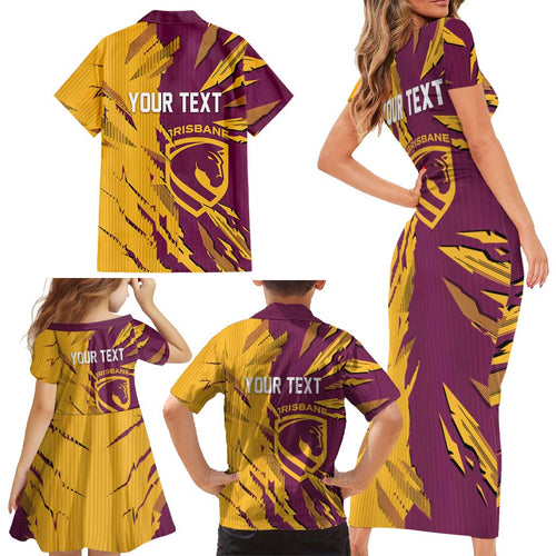Personalized Brisbane Broncos Family Matching Short Sleeve Bodycon Dress and Hawaiian Shirt Dynamic Lightning Mascot Rugby Australia