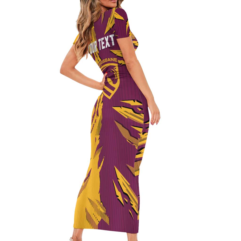 Personalized Brisbane Broncos Family Matching Short Sleeve Bodycon Dress and Hawaiian Shirt Dynamic Lightning Mascot Rugby Australia