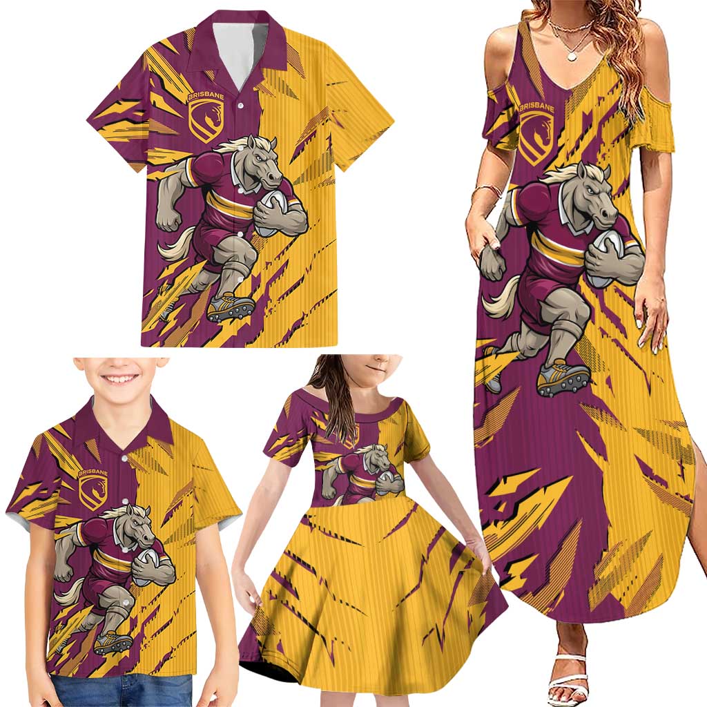 Personalized Brisbane Broncos Family Matching Summer Maxi Dress and Hawaiian Shirt Dynamic Lightning Mascot Rugby Australia