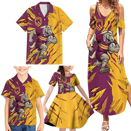 Personalized Brisbane Broncos Family Matching Summer Maxi Dress and Hawaiian Shirt Dynamic Lightning Mascot Rugby Australia