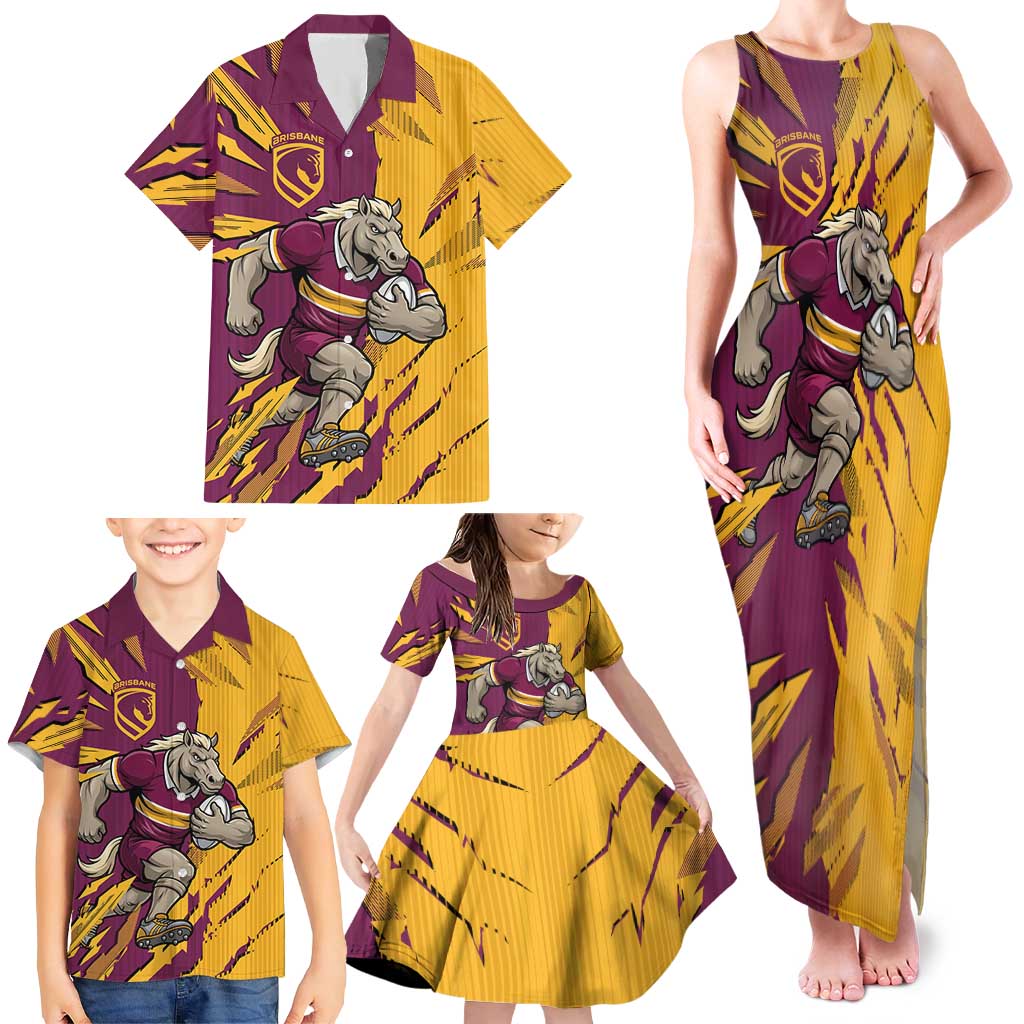 Personalized Brisbane Broncos Family Matching Tank Maxi Dress and Hawaiian Shirt Dynamic Lightning Mascot Rugby Australia