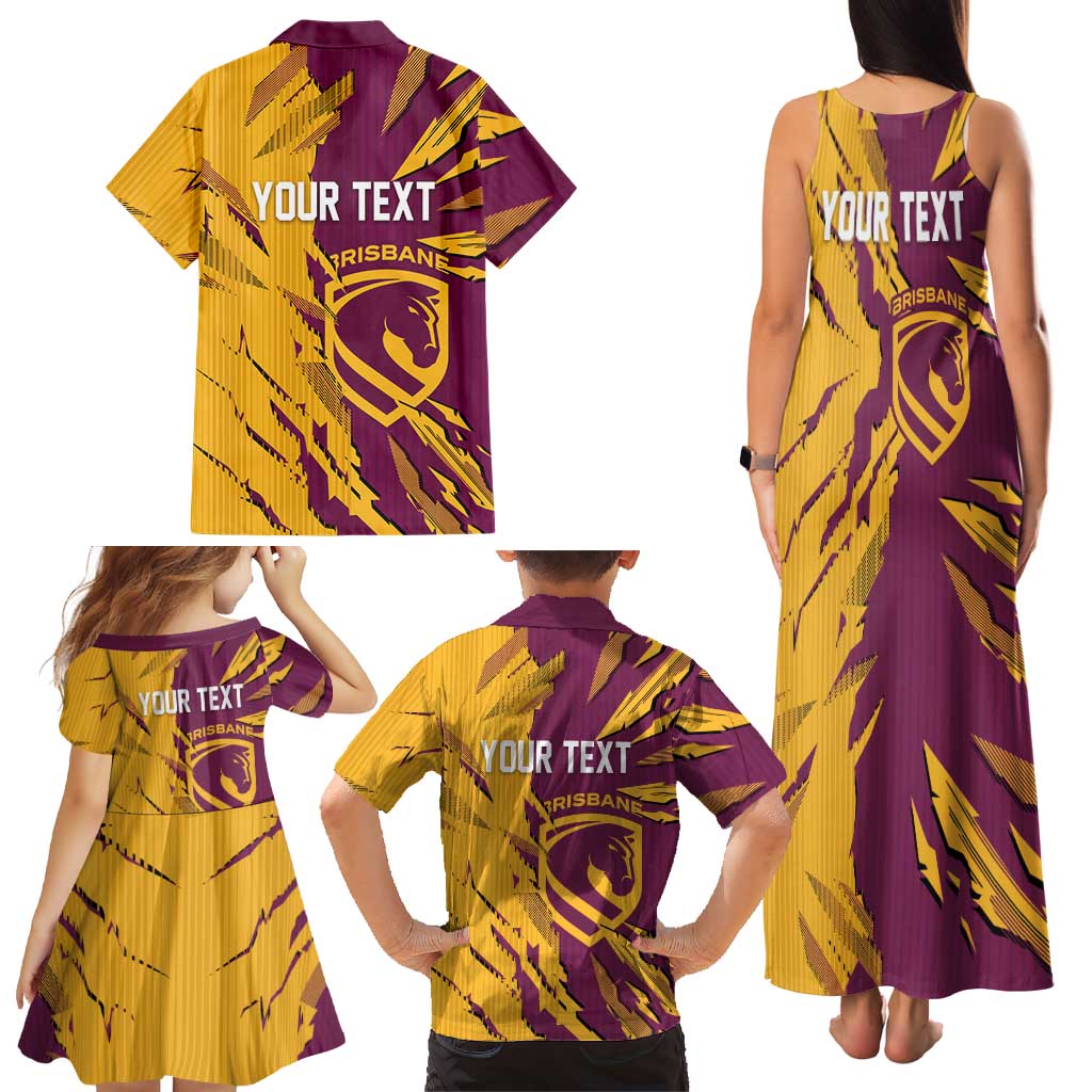 Personalized Brisbane Broncos Family Matching Tank Maxi Dress and Hawaiian Shirt Dynamic Lightning Mascot Rugby Australia