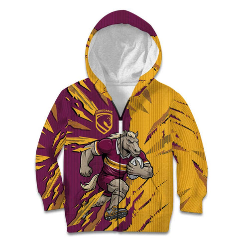 Personalized Brisbane Broncos Kid Hoodie Dynamic Lightning Mascot Rugby Australia