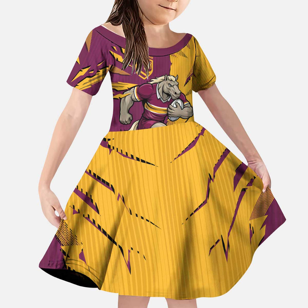 Personalized Brisbane Broncos Kid Short Sleeve Dress Dynamic Lightning Mascot Rugby Australia
