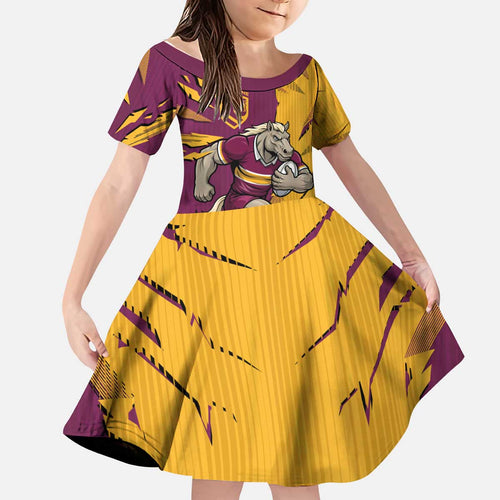 Personalized Brisbane Broncos Kid Short Sleeve Dress Dynamic Lightning Mascot Rugby Australia