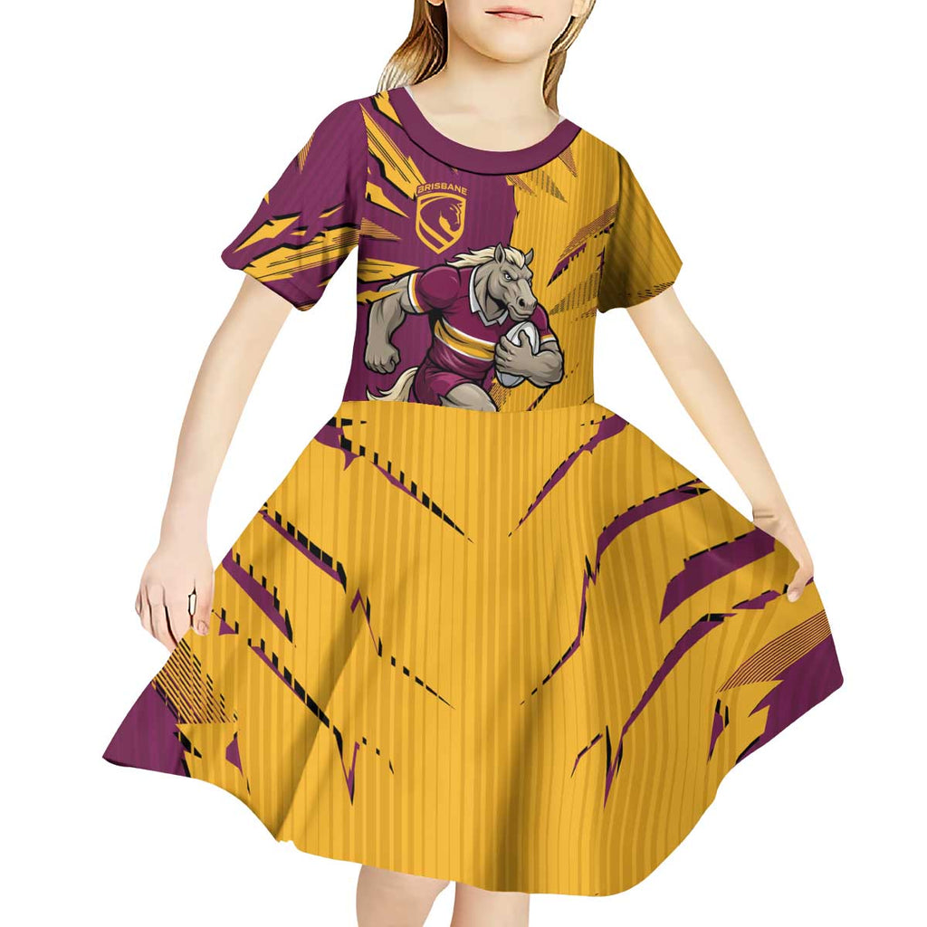 Personalized Brisbane Broncos Kid Short Sleeve Dress Dynamic Lightning Mascot Rugby Australia
