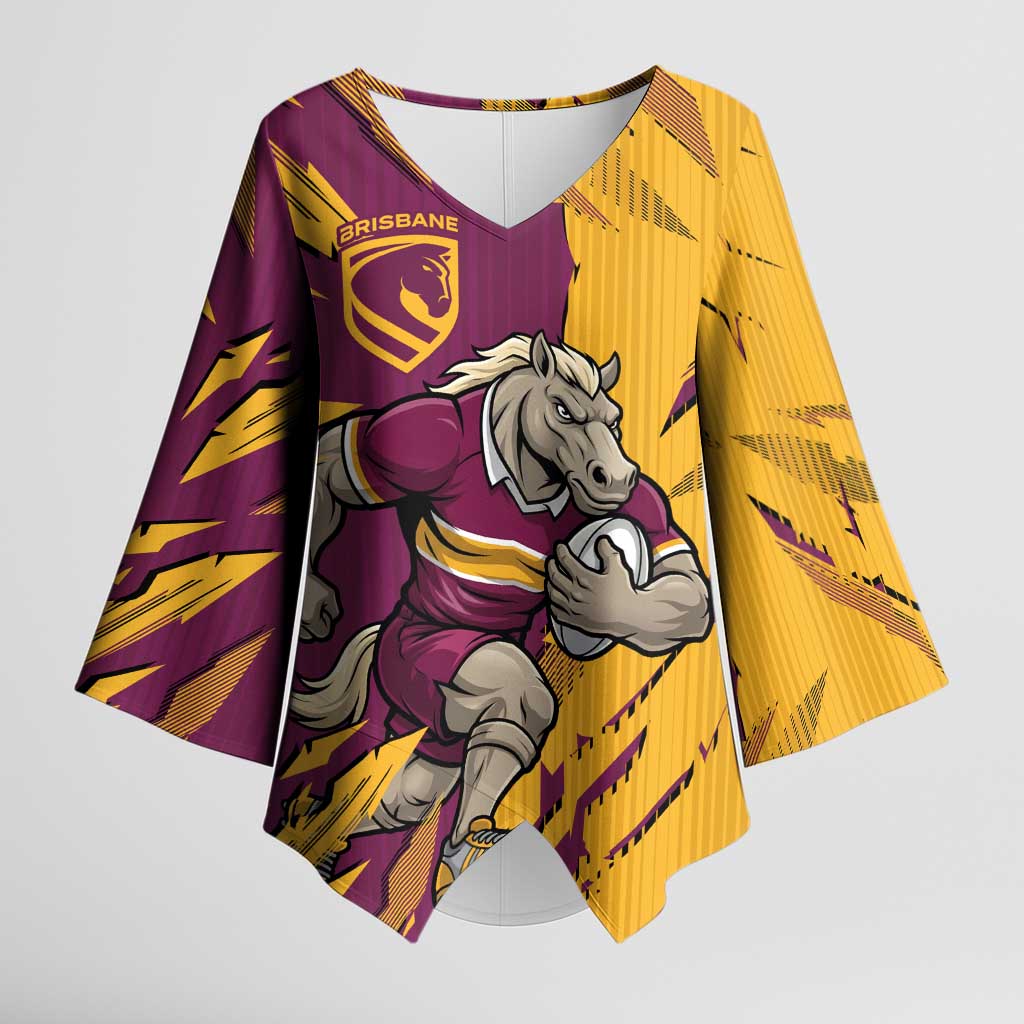 Personalized Brisbane Broncos Kimono Sleeve Blouse Dynamic Lightning Mascot Rugby Australia