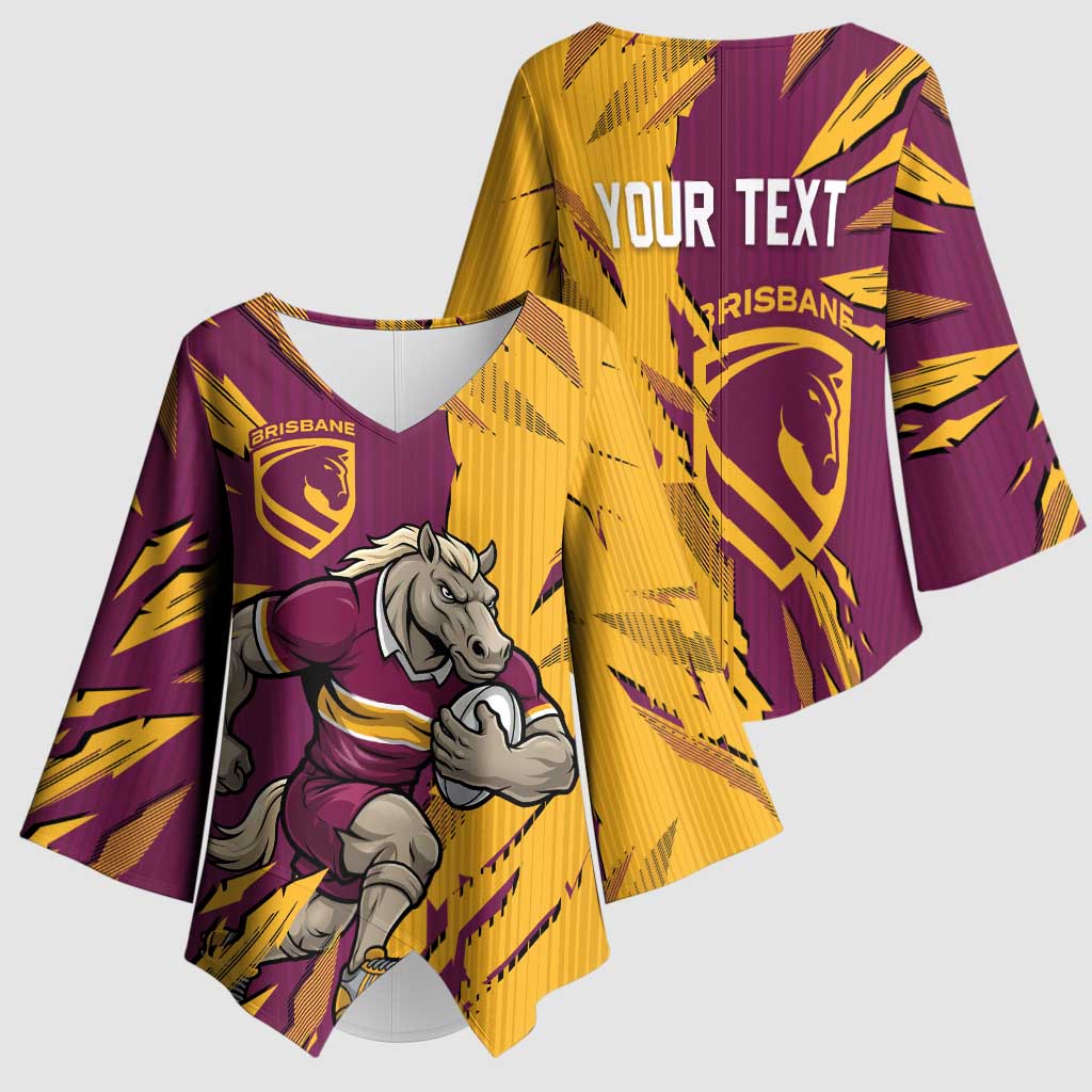 Personalized Brisbane Broncos Kimono Sleeve Blouse Dynamic Lightning Mascot Rugby Australia
