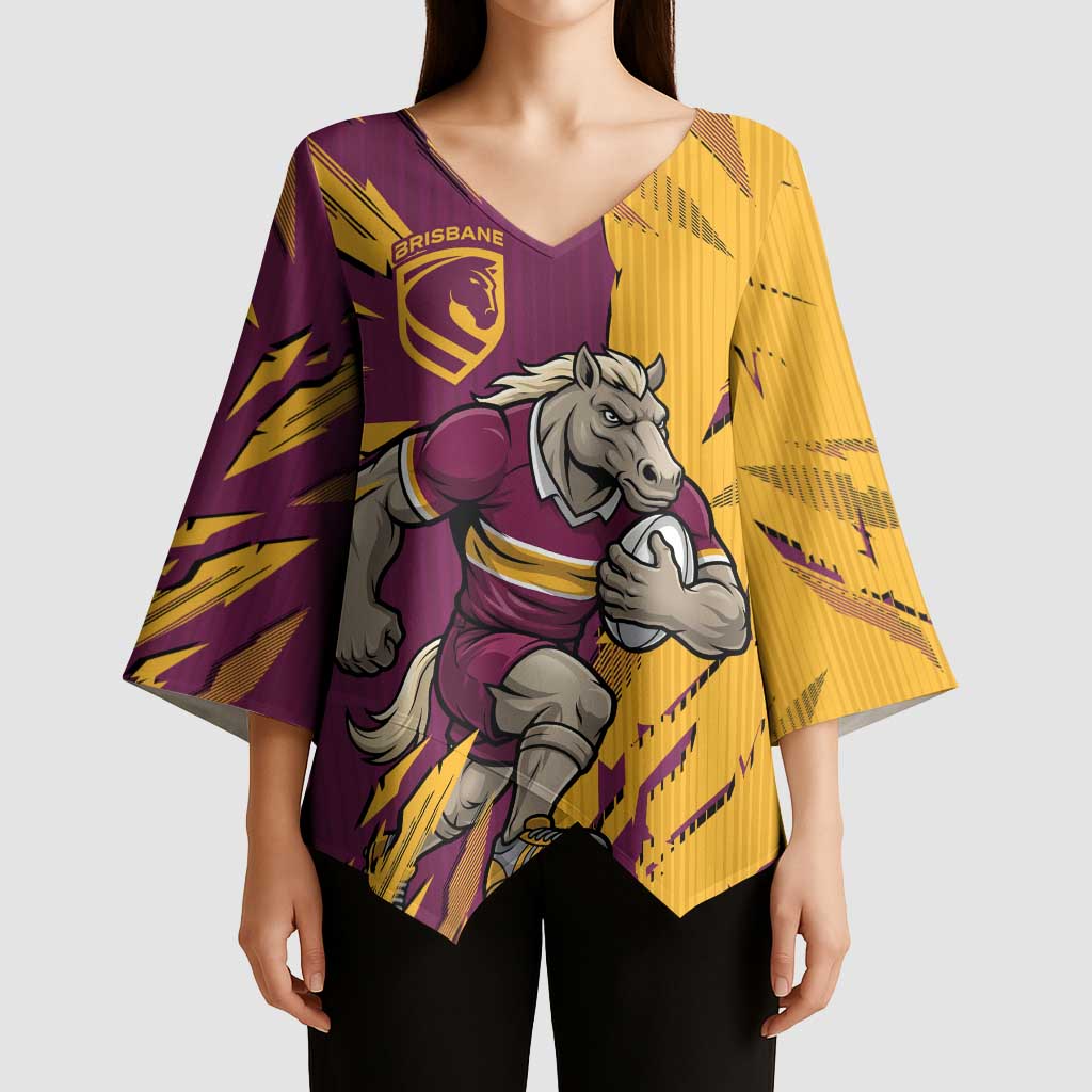 Personalized Brisbane Broncos Kimono Sleeve Blouse Dynamic Lightning Mascot Rugby Australia