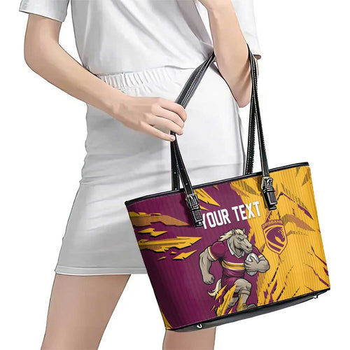 Personalized Brisbane Broncos Leather Tote Bag Dynamic Lightning Mascot Rugby Australia