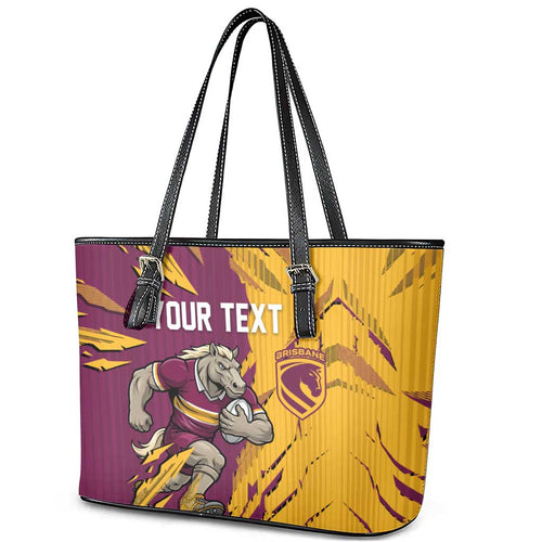 Personalized Brisbane Broncos Leather Tote Bag Dynamic Lightning Mascot Rugby Australia