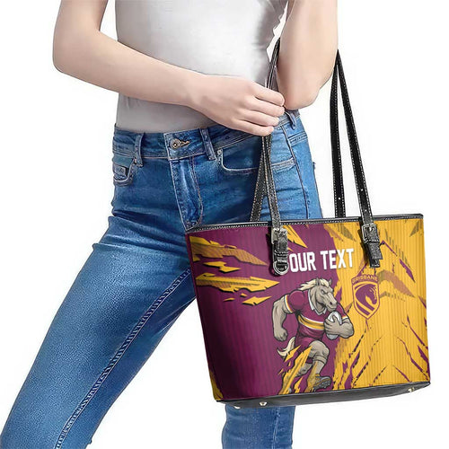Personalized Brisbane Broncos Leather Tote Bag Dynamic Lightning Mascot Rugby Australia