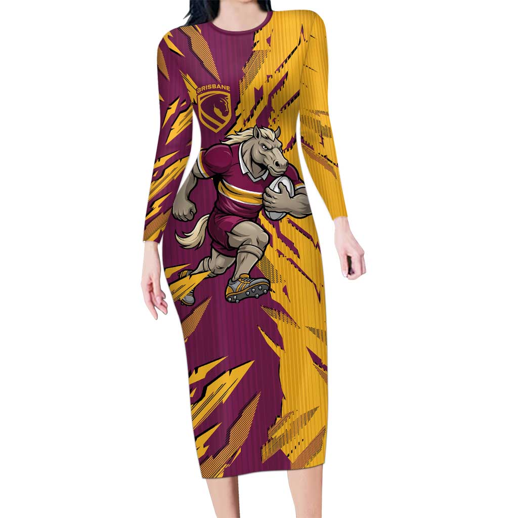 Personalized Brisbane Broncos Long Sleeve Bodycon Dress Dynamic Lightning Mascot Rugby Australia