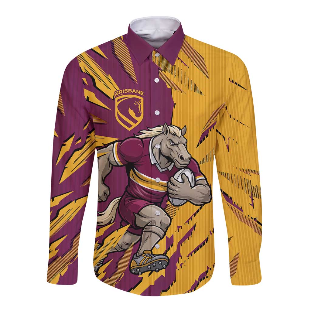 Personalized Brisbane Broncos Long Sleeve Button Shirt Dynamic Lightning Mascot Rugby Australia