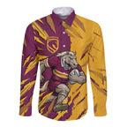 Personalized Brisbane Broncos Long Sleeve Button Shirt Dynamic Lightning Mascot Rugby Australia