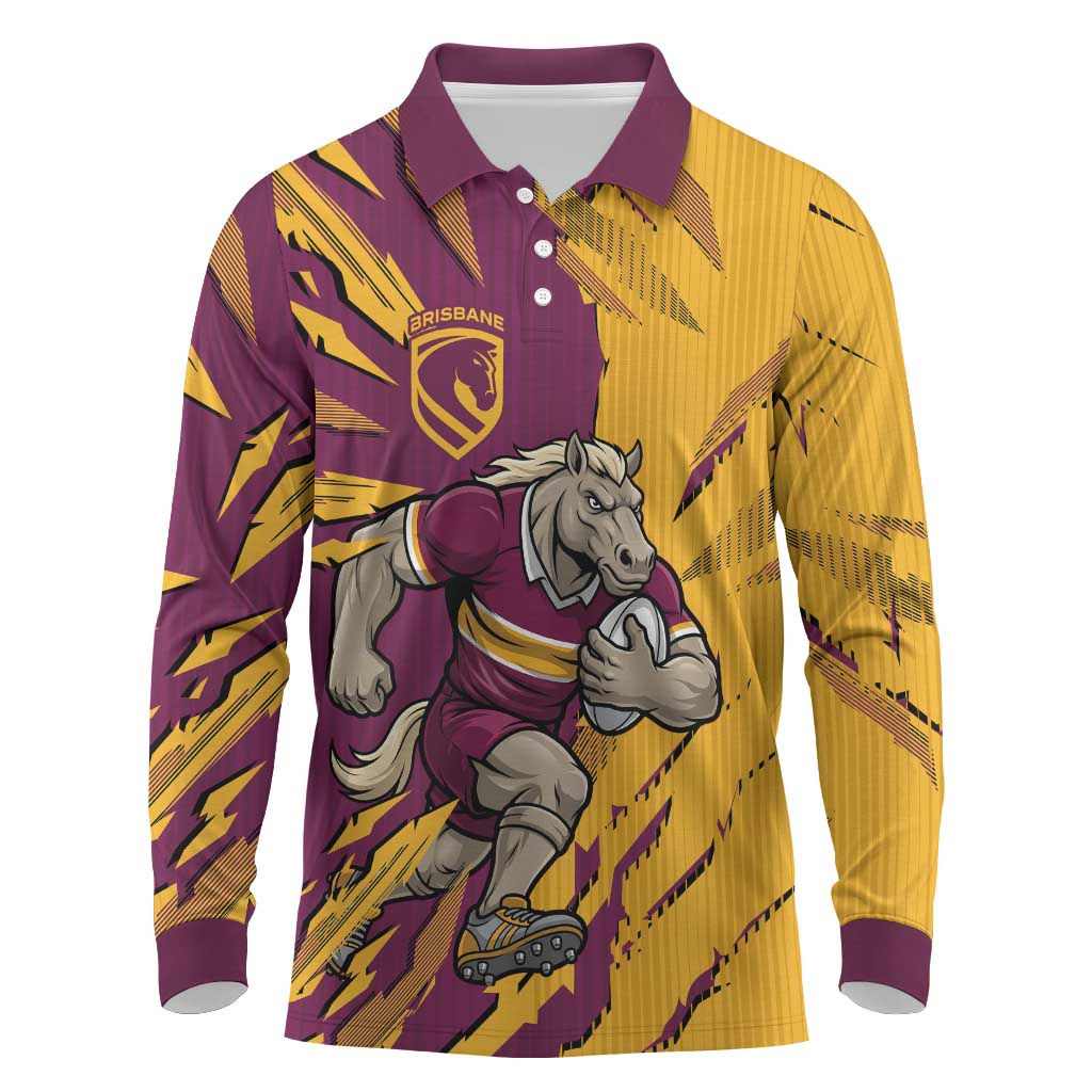 Personalized Brisbane Broncos Long Sleeve Polo Shirt Dynamic Lightning Mascot Rugby Australia