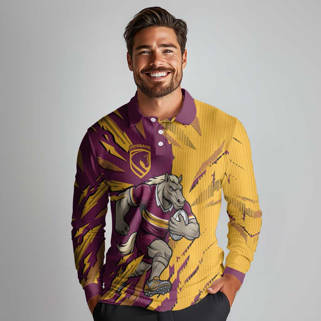 Personalized Brisbane Broncos Long Sleeve Polo Shirt Dynamic Lightning Mascot Rugby Australia