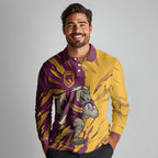 Personalized Brisbane Broncos Long Sleeve Polo Shirt Dynamic Lightning Mascot Rugby Australia