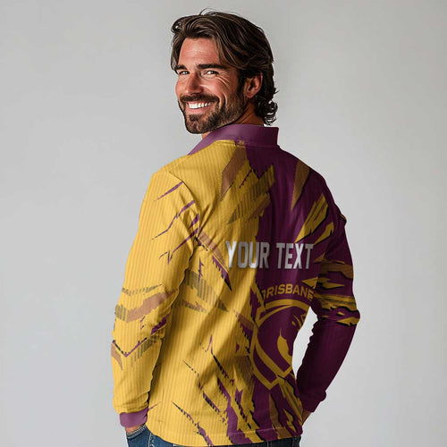 Personalized Brisbane Broncos Long Sleeve Polo Shirt Dynamic Lightning Mascot Rugby Australia