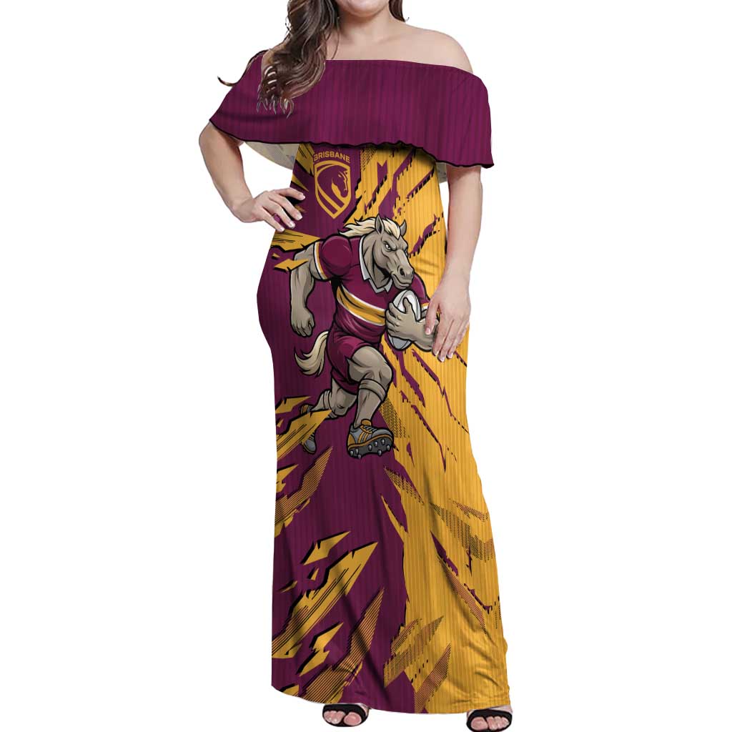 Personalized Brisbane Broncos Off Shoulder Maxi Dress Dynamic Lightning Mascot Rugby Australia