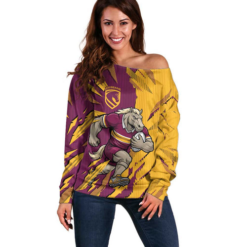 Personalized Brisbane Broncos Off Shoulder Sweater Dynamic Lightning Mascot Rugby Australia