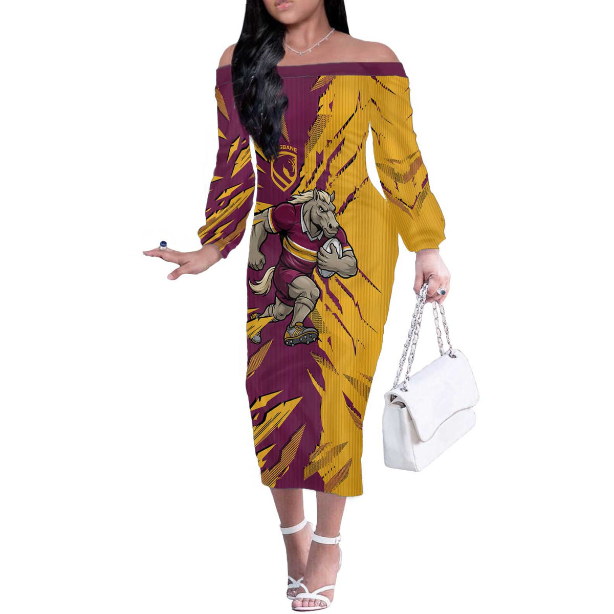 Personalized Brisbane Broncos Off The Shoulder Long Sleeve Dress Dynamic Lightning Mascot Rugby Australia