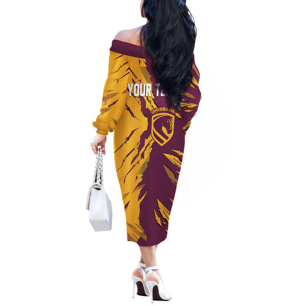 Personalized Brisbane Broncos Off The Shoulder Long Sleeve Dress Dynamic Lightning Mascot Rugby Australia