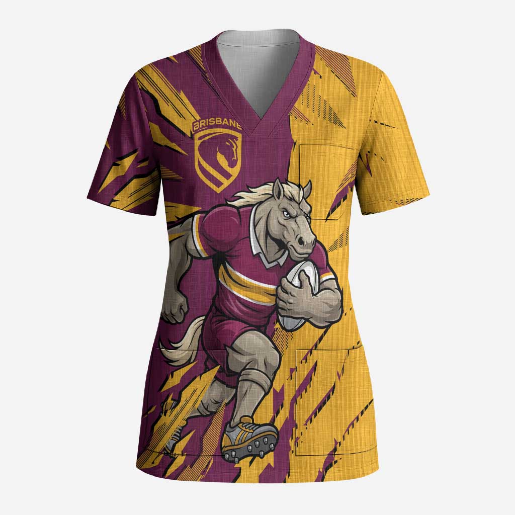 Personalized Brisbane Broncos Scrub Top Dynamic Lightning Mascot Rugby Australia