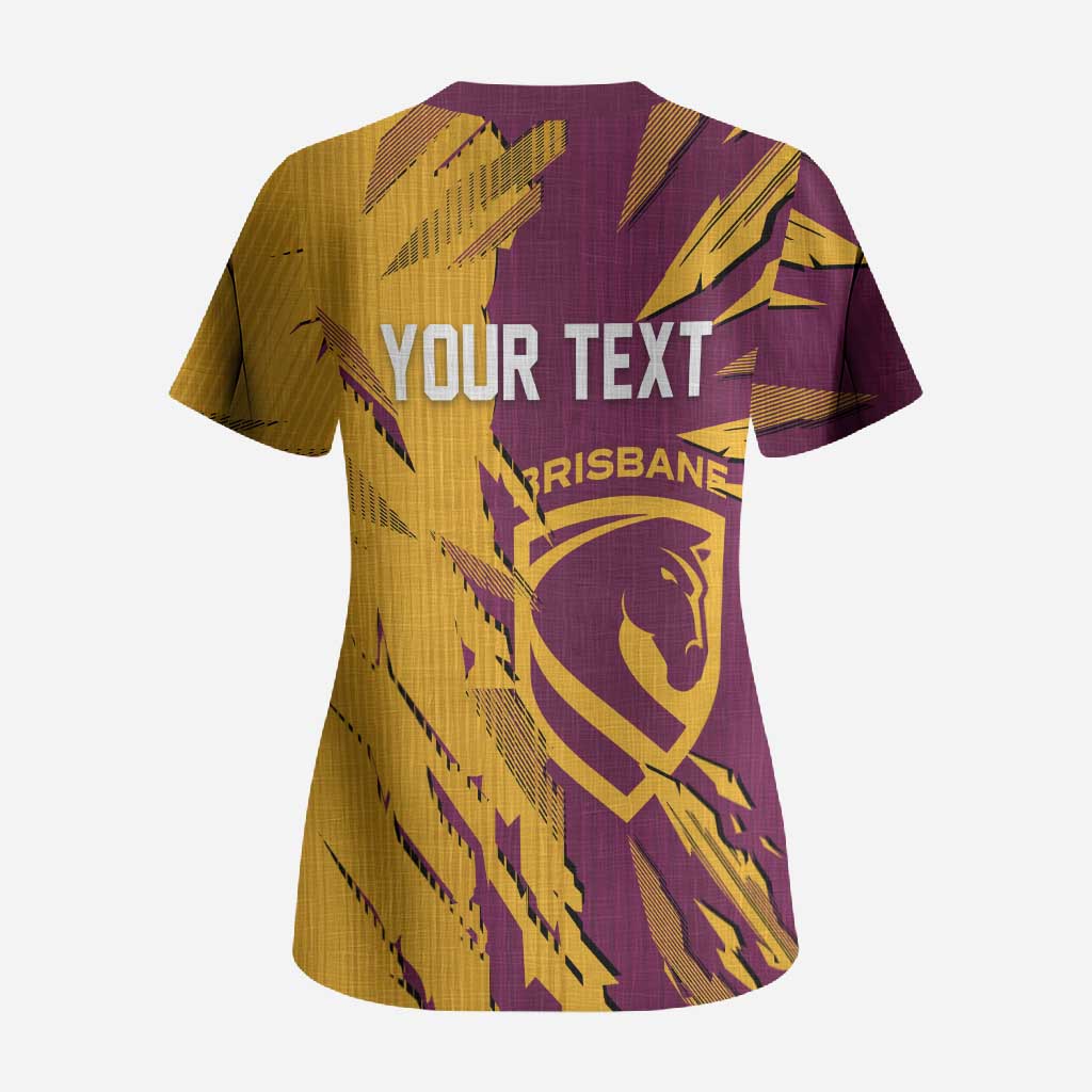 Personalized Brisbane Broncos Scrub Top Dynamic Lightning Mascot Rugby Australia