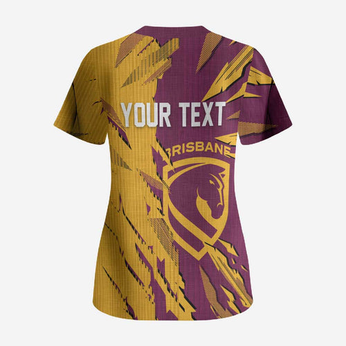 Personalized Brisbane Broncos Scrub Top Dynamic Lightning Mascot Rugby Australia